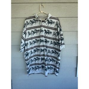Vintage Roper Horse Print Polo Shirt Western Striped Graphic Country Top XL